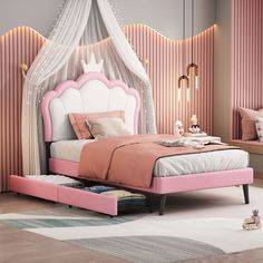 a bed with pink and white furniture in a room that looks like a princess's castle