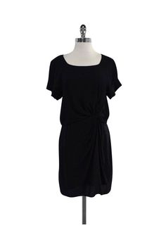 Current Boutique-Shoshanna - Black Silk Short Sleeve Gathered Waist Dress Sz 8 Casual Dresses With Side Zipper For Work, Black Summer Dresses With Side Zipper, Black Summer Dress With Side Zipper, Black Stretch Viscose Dress, Short Sleeve Dress With Side Zipper For Spring, Casual Viscose Dress For Night Out, Spring Short Sleeve Dress With Side Zipper, Spring Dress With Side Zipper And Short Sleeves, Casual Stretch Dress With Side Zipper