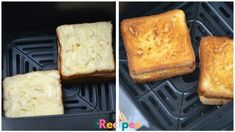 three pictures of toasted bread being cooked in an air fryer with melted cheese on top