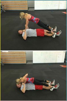 a woman is doing an exercise on the floor