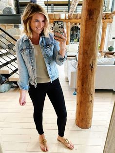 20 Ways To Wear A Denim Jacket - Living in Yellow Yoga Pants And Jean Jacket Outfit, Black Leggings With Denim Jacket, Fall Outfit With Denim Jacket, Women’s Denim Jacket Outfit, Blue Jean Jacket Outfits Spring, Black Leggings Jean Jacket Outfit, Jean Jacket Spring Outfits, Leggings With Jean Jacket Outfit, Denim Jacket Outfit 2024