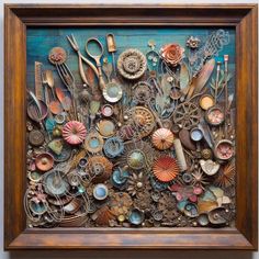 an art piece made out of shells and other items on a blue background with wooden frame