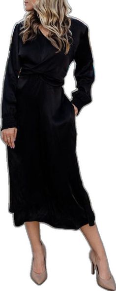 Elegant Black V-neck Satin Dress, Chic Black Satin Dress For Formal Occasions, Black V-neck Satin Dress For Formal Occasions, Black Satin V-neck Dress For Formal Occasions, Long Puff Sleeves, Black Satin, Satin Finish, Puff Sleeves, Boutique Clothing