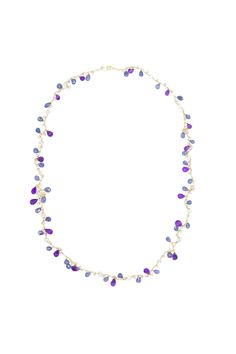 Tanzanite, Amethyst & Rose Quartz Long Chained Necklace - Inaya Jewelry Tanzanite Briolette Gemstone Necklace, Tanzanite Briolette Necklace Gift, Briolette Tanzanite Necklace For Gift, Elegant Tanzanite Gemstone Bead Necklaces, Elegant Tanzanite Gemstone Bead Necklace, Elegant Purple Multi-stone Necklaces, Elegant Tanzanite Beaded Necklace, Elegant Lavender Necklaces With Gemstone Beads, Elegant Purple Multi-stone Necklace