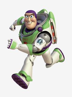 the character buzz lightyear from toy story is flying through the air with his arms outstretched