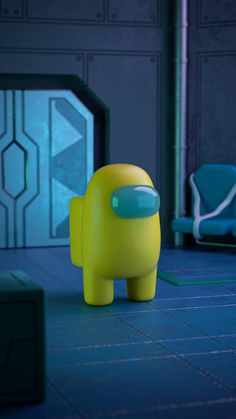 a small yellow toy sitting on top of a blue floor next to a green chair