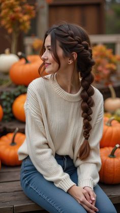 Casual Fall Hairstyles For Long Hair, Elegant Side Braids For Long Hair, Sideswept Braided Hairstyles, Over Shoulder Braid, Fall Hair Dos For Long Hair, Hairstyle For Family Pictures Mom, Fall Hair Braids, Fluffy Side Braid, Fall Hair Inspo Color