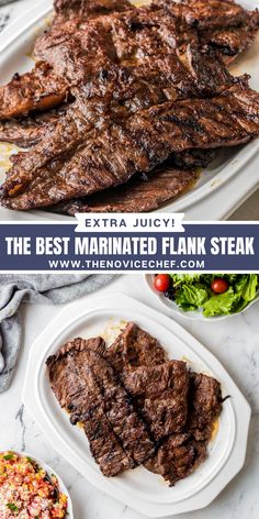 the best marinated flank steak served on a white platter