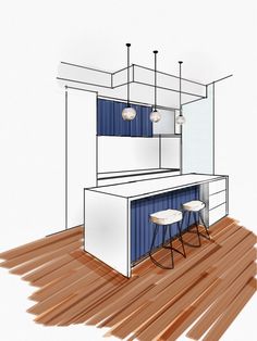 a drawing of a kitchen with blue and white containers on the wall, bar stools at the counter