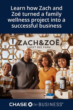 a group of people standing next to each other in front of a sign that says, learn how zach and zoe turned a family wellness project into a successful business