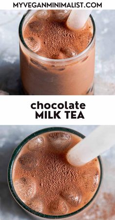 chocolate milkshake in a glass with ice on top and the text, chocolate milkshake