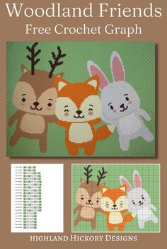 the woodland friends crochet graph pattern is shown in three different colors and sizes