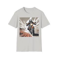 Unisex Softstyle T-Shirt, Motorcycle Print Crew T-Shirt, Motorcycle Clothes, Biker Top, Biker Shirt, MotoGirlGear, Motorcycle Biker T-shirt by MotoGirlGear on Etsy Motorcycle Clothes, Biker Shirts, Biker T Shirts, Motorcycle Outfit, Soft Style, Custom Made, I Shop, Comfort Fit, Perfect Fit