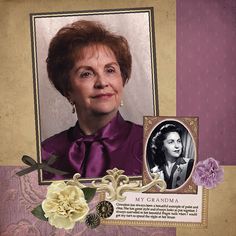 an older woman is wearing a purple dress and has flowers in her hair while she looks at the camera