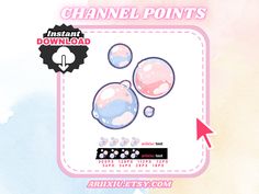 a pink and blue sticker with bubbles on it