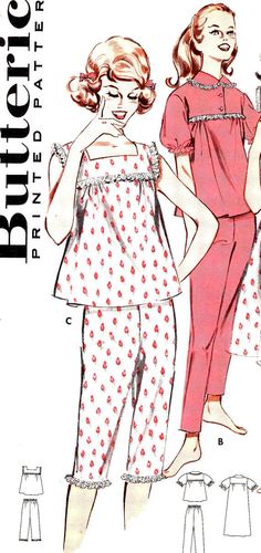 Mary and Evelyn Block 4 Retro Pajamas, Nightgown Sewing Pattern, Babydoll Pajamas, 1950s Woman, Babydoll Nightgown, Vintage Pajamas, Pajama Pattern, Lingerie Vintage