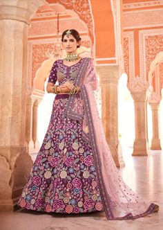 Lehenga Purple, Purple Lehenga, Floral Lehenga, Half Sleeve Blouse