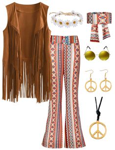 a woman in brown top and pants with peace sign necklaces, sunglasses and accessories