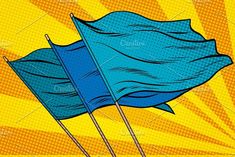 two blue flags waving in the wind with sunbursts behind them, pop art