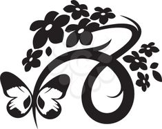 the number six with flowers and butterflies on it's face, in black and white