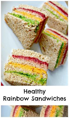 rainbow sandwich sandwiches on a white plate with text overlay that reads healthy rainbow sandwiches