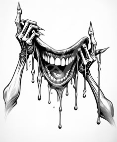 a drawing of a creepy face with teeth and claws dripping from it's mouth