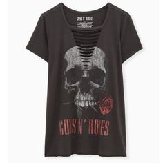 Torrid Graphic Tee Band T-Shirt Guns N Roses Black Gray Washed Slashed Tee Size: 2x (18/20) Tags Were Cut Off But Never Worn, Been In Storage White Skull & Red Rose Graphic Print Soft & Comfy Easily Dress Up Or Casual Versatile Staple Band Tee Piece For Your Closet Festival Vibes, Barbiecore, Western, Coachella, Concerts, Country, 70s, Bohemian, 80s, Boho, Rocker, Rock Star, Burning Man, Beach Babe, Mob Wife, Cowboycore, Witchy, Stevie Nicks, Gothic, Gothcore, Swiftie, Date Night, Street Style, Night Street Style, Oversized Band Tee, Boho Rocker, 70s Bohemian, Plus Size Disney, Rose Graphic, Olive Shorts, Night Street, Roses Black