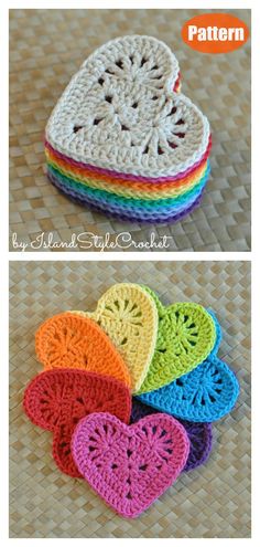 crocheted heart coasters are shown in different colors and sizes, with the same pattern