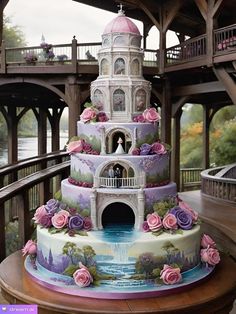 a multi layer cake decorated with flowers on a table in front of a wooden structure