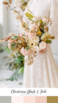 a woman holding a bouquet of flowers in her hand with the words charouse blush and jade