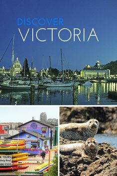 there are many different pictures with the words victoria on them and an image of boats in the water