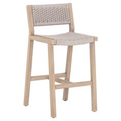 a wooden and wicker bar stool against a white background with the seat upholstered