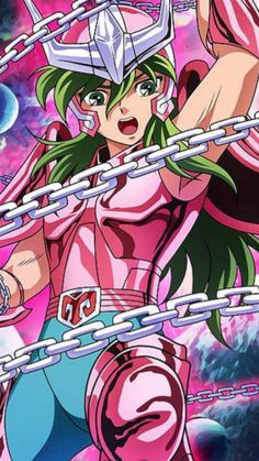 an anime character with chains around her neck and hands in the air, surrounded by stars