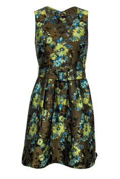 Current Boutique-Karen Millen - Olive Green Floral Print A-Line Dress Sz 6 Green Floral Dress For Party, Green A-line Floral Dress For Garden Party, Green Fit And Flare Floral Print Dresses, Green Floral Print Mini Dress For Party, Green Floral Print Fit And Flare Dress, A-line Floral Print Cocktail Dresses, Fit And Flare Green Floral Print Dresses, Retro Floral Print Party Dress, Green Retro Evening Dress