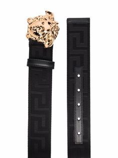 Black leather Medusa-buckle belt from VERSACE featuring gold-tone hardware, Medusa plaque detail and punched holes. | Versace Medusa-buckle belt Designer Black Belt With Gold-tone Logo Plaque, Designer Black Belts With Gold-tone Logo Plaque, Designer Formal Belt Buckles With Metal Logo, Luxury Black Belt Buckle With Gold-tone Logo Plaque, Formal Black Belt Buckles With Gold-tone Logo, Designer Belt Buckle With Metal Logo, Luxury Black Belt With Logo Plaque, Designer Business Belt Buckles With Metal Logo, Designer Business Belt Buckle With Metal Logo