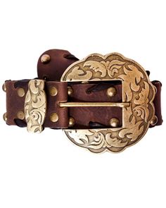 A studded leather strap is frame by a floral buckle with matching keeper. 1.5"strap width 3 3/8" buckle width Genuine Leather Made in the USA Jean Belts, Brass Buckle, Studded Leather, Dark Brown Leather, Made In The Usa, Semiprecious Stones, Precious Stones, Semi Precious, Patina