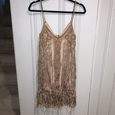 Purchased From Shopbop. Georgie Brand, New With Tags Beautiful Nude Colored Dress Bohemian Spaghetti Strap Midi Dress For Party, Beige Bohemian Midi Dress For Party, Bohemian Mini Dress With Spaghetti Straps For Party, Elegant Beige Fringe Dress, Fitted Beige Fringe Dresses, Bohemian Evening Dress With Spaghetti Straps, Bohemian Spaghetti Strap Evening Dress, Beige Sleeveless Fringe Dress, Fringe Mini Dress