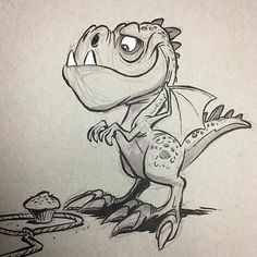 a pencil drawing of a dinosaur eating a muffin