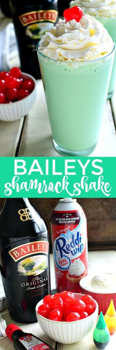 this is an image of bailey's shamrock shake with cherries in the background