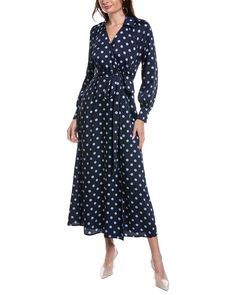 Navy Polka Dot Dress Winter, Chic V-neck Cotton Denim Dress, Elegant Polka Dot V-neck Midi Dress, Blue V-neck Maxi Dress With Button Closure, V-neck Denim Blue Dress With Button Closure, Valentino Designer, Retro Polka Dot V-neck Dress, Midnight Navy, Feminine Design