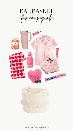 the contents of a basket for every girl in pink and white with text overlay