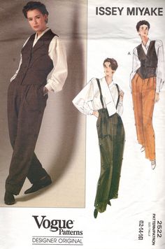 ~ Circa/Date: 1990 ~ Details:   VEST, SHIRT and PANTS -  VOGUE, Designed by ISSEY MIYAKE ~ Size/Measurements: 12-14-16 ~ Bust:  34″-  36″ - 38″   (87 - 92 - 97 cm) ~ Waist:  26 1/2″ - 28″ - 30″ (64 - 67 - 71 cm) ~ Hip:  36″ - 38″ - 40″  (92 - 97 - 102 cm) ~ Please Note: ~ You are buying a 'Professional Reproduced' copy of this sewing pattern. Copied from the original sewing pattern. Produced in Full Scale Pattern Pieces ready to cut with full instructions included. Reproduced on high quality 50 gm paper with black ink, durable and easier for reuse. Printed by a Professional Printing Company.   ~ With this product comes an accompanying 'Booklet' and inside the Booklet it includes: ~ A 2-page Instructions and Illustrations on 'How to Adjust Your pattern to your Personal Measurement.' ~ Perso Vogue Sewing Patterns Vintage, Professional Sewing Patterns, Clothing Patterns Vest, Vest Sewing Pattern, Vintage Vogue Sewing Patterns, Vogue Vintage, Vogue Sewing, Vogue Sewing Patterns, Motif Vintage