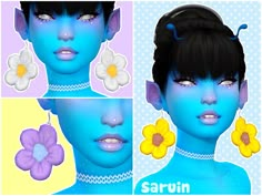 three different pictures of a woman with blue skin and flowers in her hair, wearing earrings