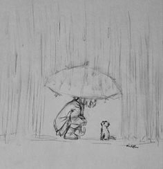 a drawing of a person with an umbrella and a dog