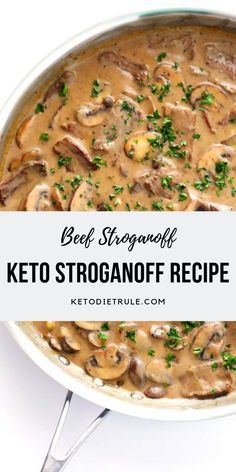 beef stroganonoff recipe in a skillet with text overlay