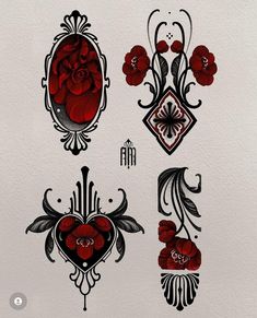 some red and black tattoos with flowers on them