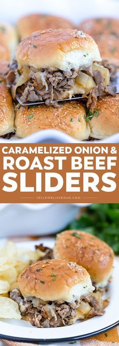 two plates with sandwiches on them and the words caramelized onion & roast beef sliders