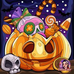 a cartoon pumpkin with candy and candies in it