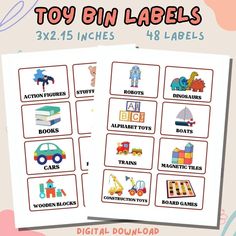 the toy bin labels are shown in three different colors and sizes, with an image of toys