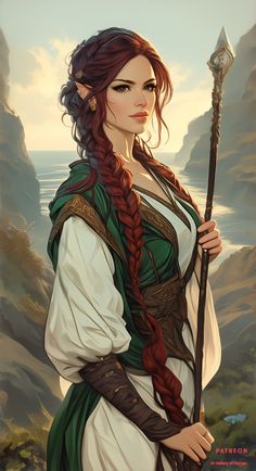 a woman with red hair and braids holding a staff in her hand, standing on a cliff overlooking the ocean